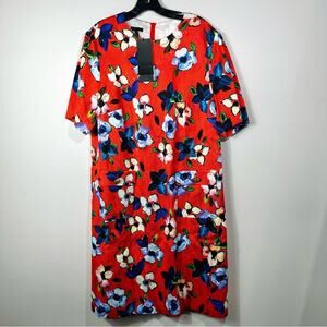 Escada NWT Red Floral Print Satin Short Sleeve Party Cocktail Dress DE 46 US 16